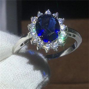 Silver Oval Cut Blue Sapphire Ring SZ 9